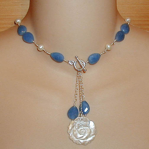 MOP Flower Drop Necklace w/ Blue Quartz & Pearl
