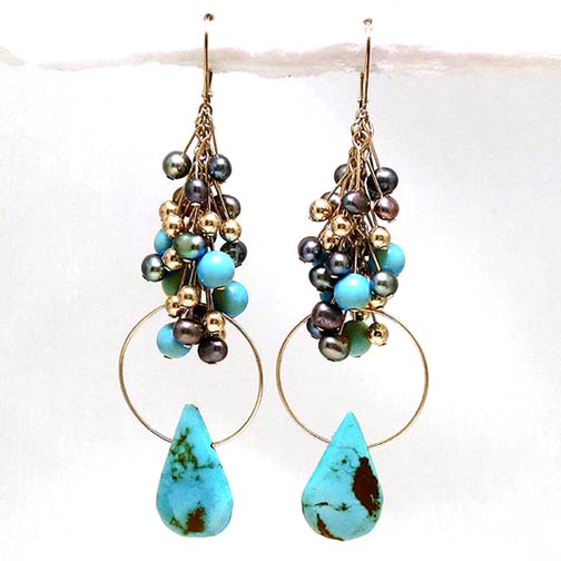 Turquoise, Gold & Black Pearl Chandelier Cluster Earrings