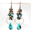 DKC ~ Turquoise, Gold & Black Pearl Chandelier Cluster Earrings