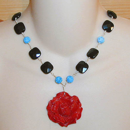 Dyed Bone Rose Necklace w/ Carved Turquoise & Black Onyx