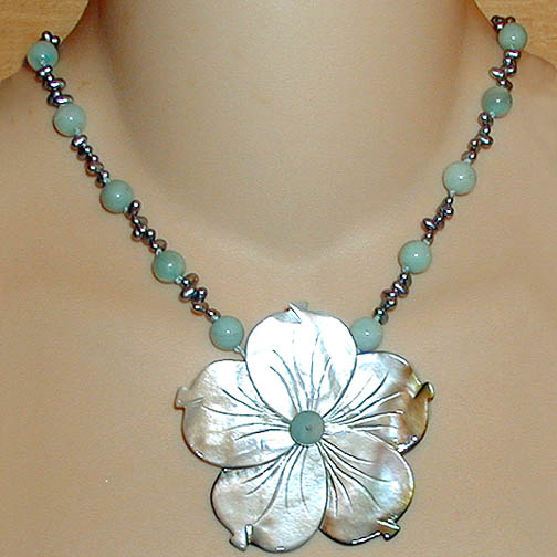 Blacklip MOP Flower Necklace w/ Amazonite & Grey Pearl