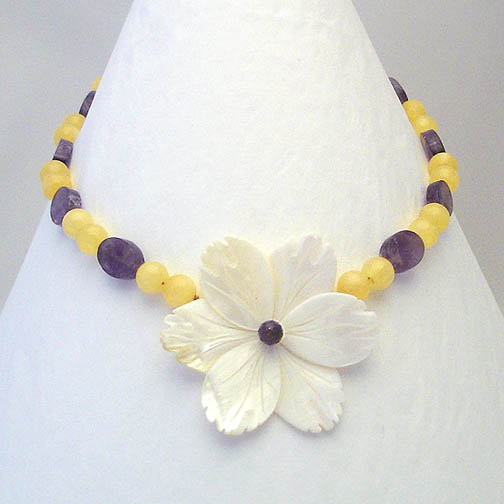 MOP Flower Necklace w/ Yellow Jade & Amethyst