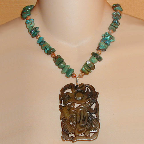 Jade Dragon Necklace w/ Turquoise & Crazy Lace Agate