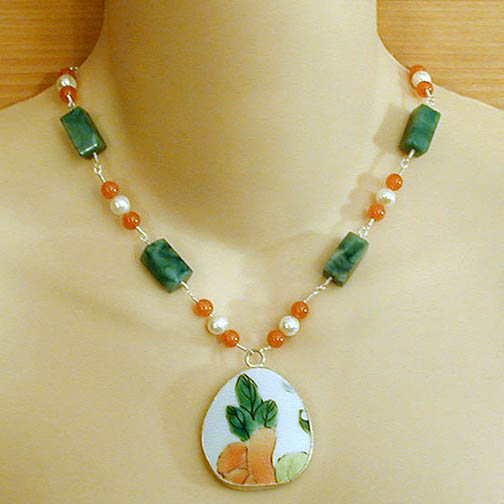 Ming Pottery Shard Necklace w/ African Jade, Carnelian & Pearl