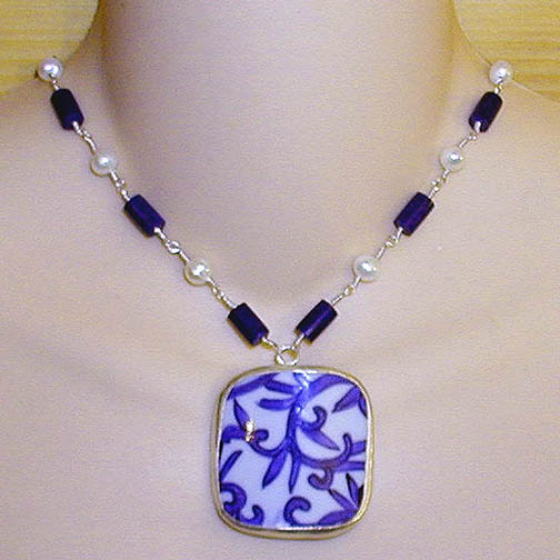 Pottery Shard Necklace w/ Lapis Lazuli & Pearls