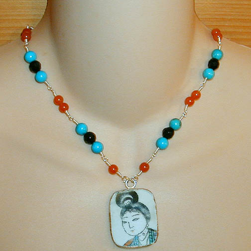 Ming Pottery Shard Necklace w/ Carnelian, Turquoise & Onyx