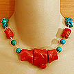 DKC ~ Coral Chunk Necklace w/ Carved Turquoise